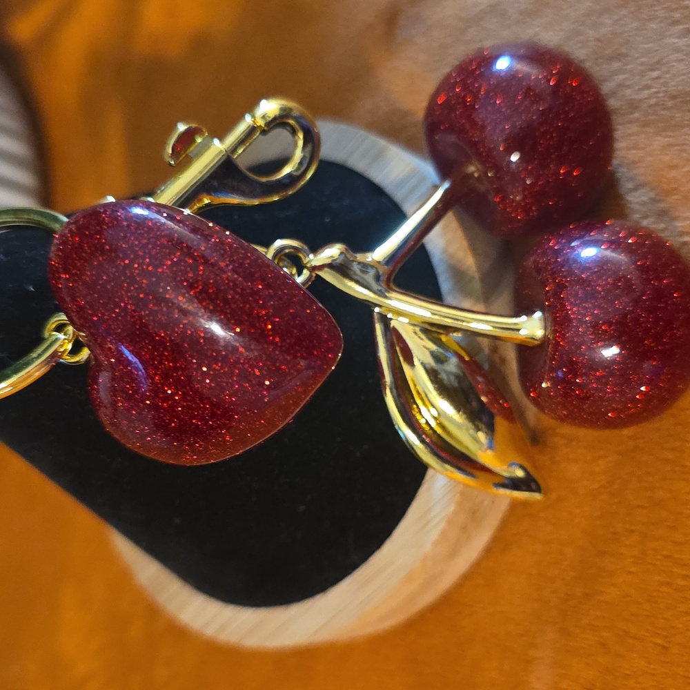 Red Cherry Keychain with Heart Charm - Picture 4 of 7
